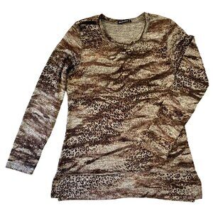 David Cline Womens Sweater Size M Animal Print Long Sleeve Fallcore Brown Tan